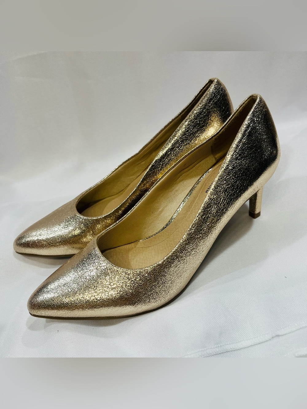 Alexis Shimmery Gold Pointed-Toe Mid Heel Pumps
